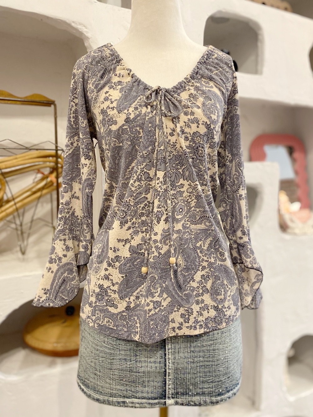 Y2K Vintage Mesh Flowy Boho Paisley Top with Drawstring Neck & Bell Sleeves